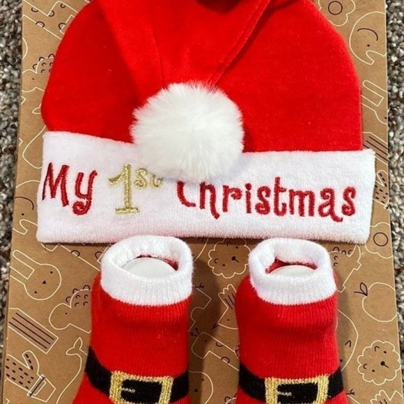 Santa "MY 1st CHRISTMAS" Santa Hat & Booties Gift set for Infant/Baby 0-6M NEW! - Picture 7 of 13